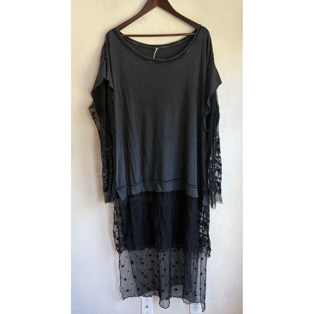 Free People Rock Steady Maxi Top XL Layered Black Sheer Gothic Boho Witchy